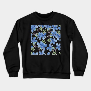 Blue Petal Flower Watercolor Pattern Black Background Crewneck Sweatshirt